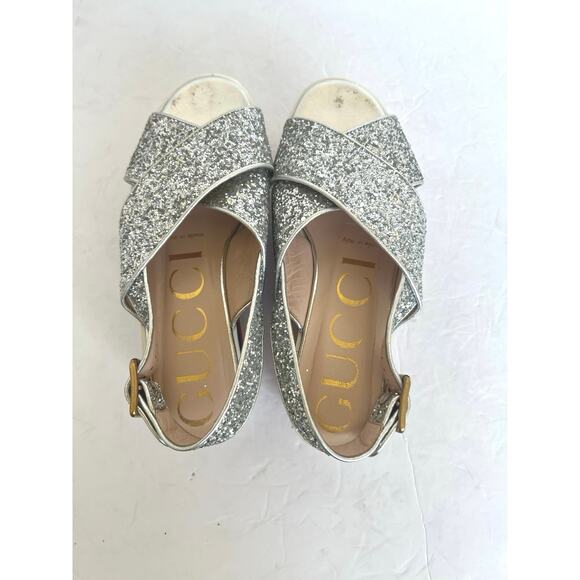 Auth Gucci Cross Sparkly Straps Red White Blue Platform Slingback Sandals Sz 4.5 - Picture 8 of 14